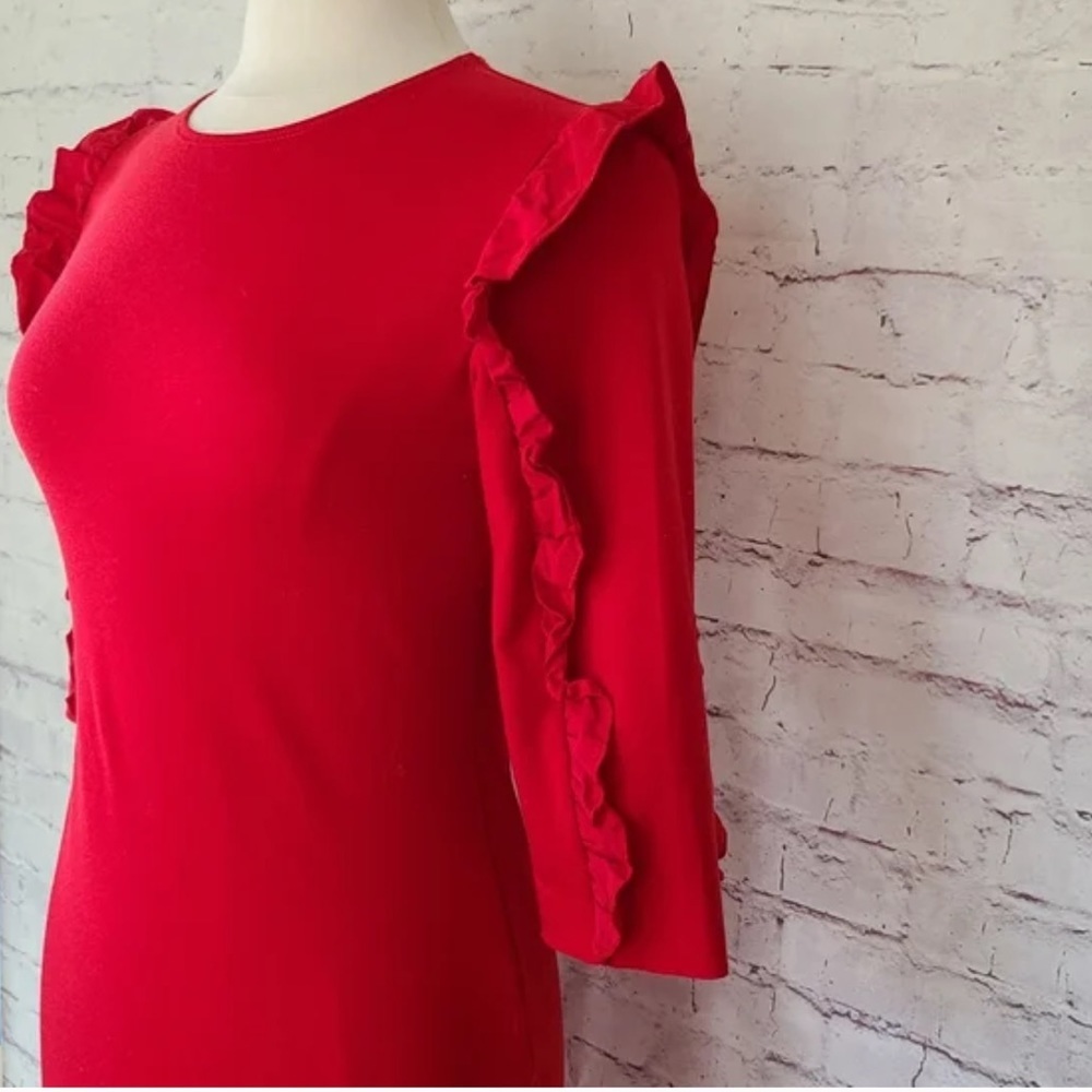 Zara Trafaluc Ponti Di Roma Red Knit Dress Elbow Sleeve Ruffle 3/4 size M - Picture 5 of 14